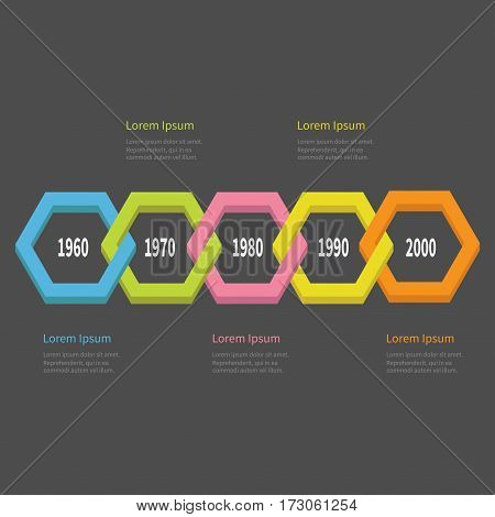 Five step Timeline Infographic. Colorful 3D polygon line chain segment. Template. Flat design. Black background. Isolated. Vector illustration