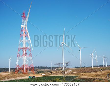 Windmills farm for electric power production at Khaoko PhetchabunThailand.