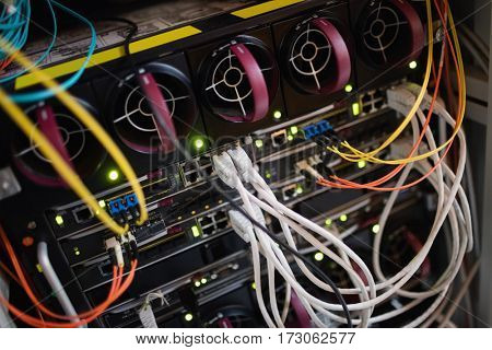 Close-up of rack mounted server in server room