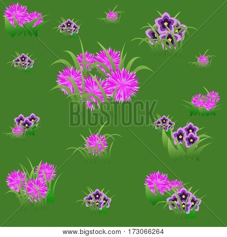 Floral seamless pattern with pink and violet flowers and grass on summer green background. Vector illustration