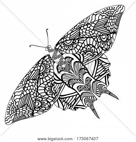 Butterfly with ethnic doodle pattern. Zentangle inspired pattern for anti stress coloring book pages for adults and kids
