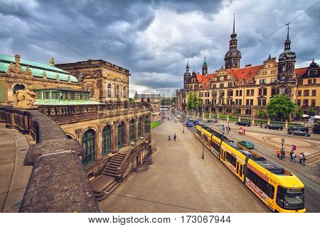 DRESDEN GERMANY - JUNE 7 2012: Old town of Dresden before storm View from Dresden art gallery