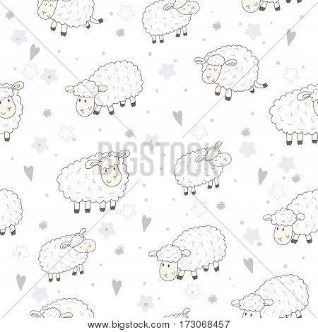 Cute seamless pattern with funny sheep. vector illustration.