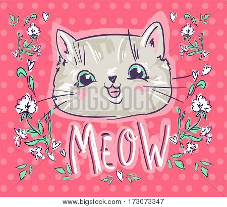 Love cats, cat, kitten, cute cat sketch vector illustration, print design cat, children print on t-shirt girl