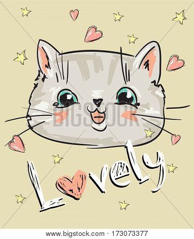 vector lovely cat, Love cats, cat, kitten, cute cat sketch vector illustration, print design cat, children print on t-shirt girl