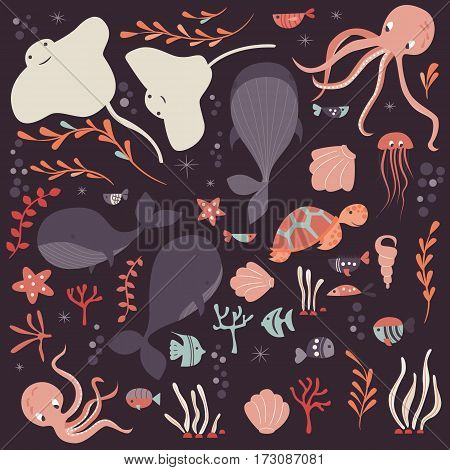 Collection of colorful sea and ocean animals whale octopus stingray jellyfish turtle coral vector illustration