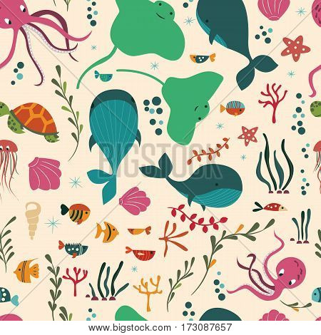 Seamless pattern with underwater ocean animals whale octopus stingray jellysfish colorful vector illustration