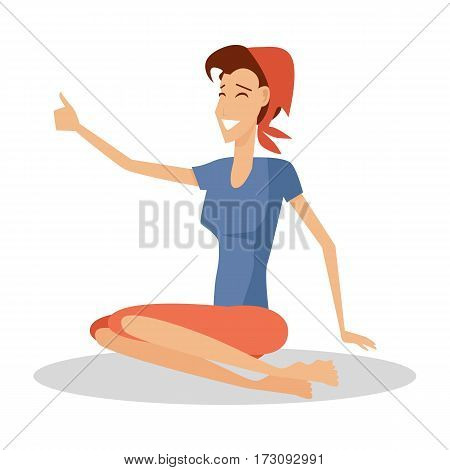 Woman sitting on the floor isolated on white background. Woman in kerchief, t-shirt and shorts. Smiling lady having rest. Camping concept. Girl at the picnic. Vector illustration in flat style.