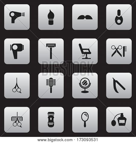 Set Of 16 Editable Barber Icons. Includes Symbols Such As Hairdresser Set, Scent, Shaver And More. Can Be Used For Web, Mobile, UI And Infographic Design.