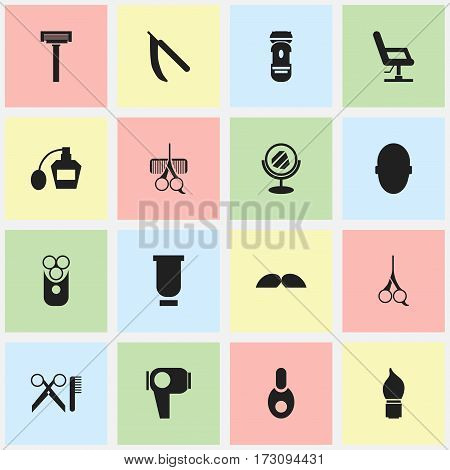 Set Of 16 Editable Hairstylist Icons. Includes Symbols Such As Container, Blade, Scent And More. Can Be Used For Web, Mobile, UI And Infographic Design.