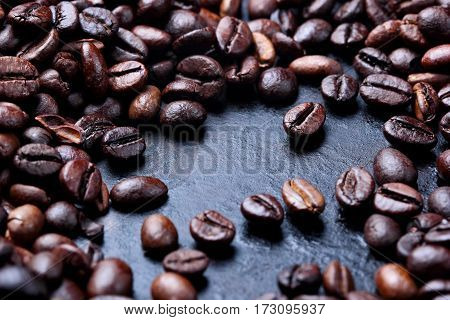 Roasted coffee beans, Brown coffee .closeup.macro.Selective focus.Cjpy space