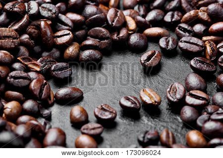Roasted coffee beans, Brown coffee .closeup.macro.Selective focus.Cjpy space