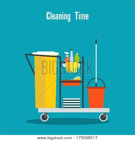 Cleaning equipment Vector illustration Janitor's trolley with cleaning equipment and household chemicals Flat design