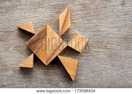 Wooden tangram puzzle in turtle shape background