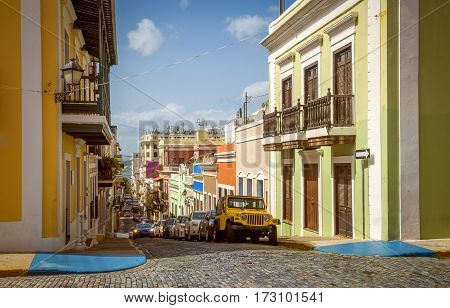 Colorful houses and street of Old San Juan Puerto Rico
