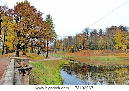 Beautiful romantic alley in a park with colorful trees and sunlight. autumn natural background Gatchina