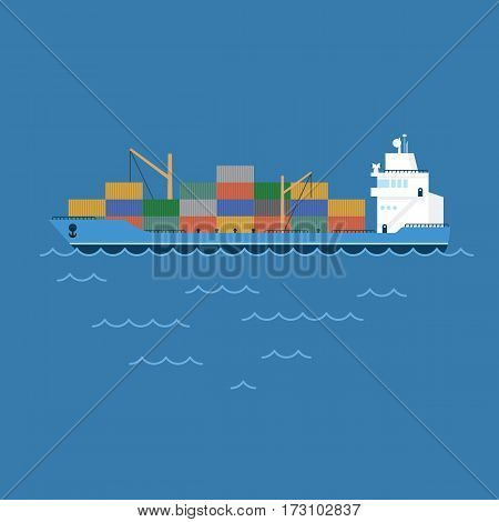 vector illustration barge cargo ship transporting containers floating on the sea.