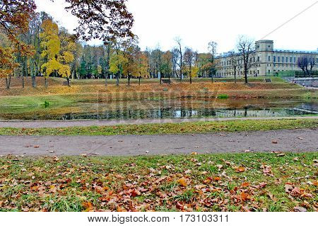 Beautiful romantic alley in a park with colorful trees and sunlight. autumn natural background Gatchina