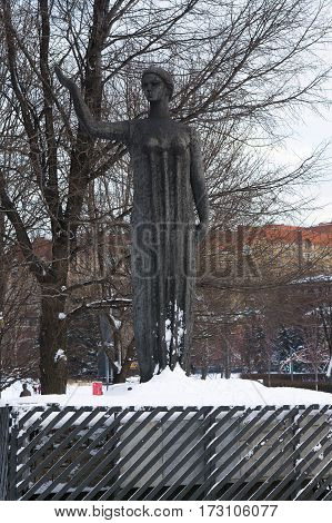 Moscow, Russia - January 17, 2017: Sculpture The first swallow in the park Muzeon in Moscow