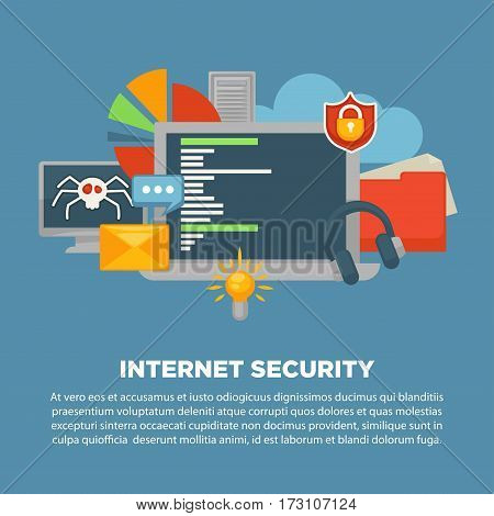 Internet security and computer malware or digital protection vector poster. Personal data protection software concept