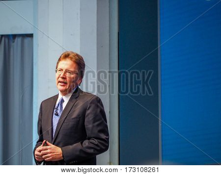 MUNICH GERMANY - FEBRUARY 16 2017: IBM Cognitive Solutions and Research Senior Vice President John Kelly delivers an address to IBM Genius of Things Summit in Munich Germany on February 16 2017.