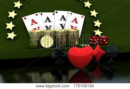 Gambling. Four cards coins stars. Green background 3D render