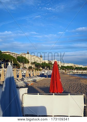 beach and famous hotels along The Promenade de la Croisette Cannes France the French Riviera