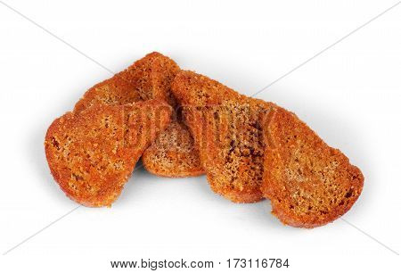 Pile of rye croutons isolated on white