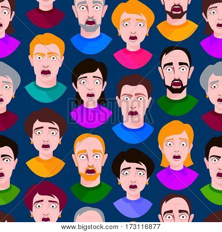 Extremely surprised young people shock seamless pattern portrait and frightened face emotions afraid expression person with open mouth vector illustration
