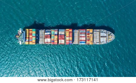 container ship in import export and business logistic.By crane Trade Port Shipping.cargo to harbor.Aerial view.Water transport.International.Shell Marine.Top view.