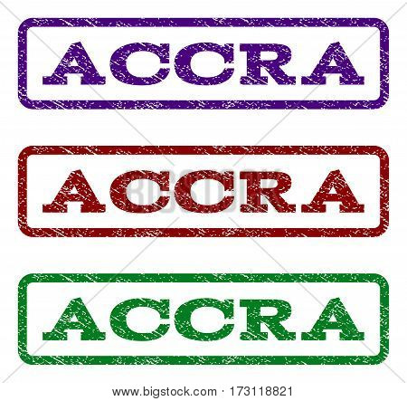 Accra watermark stamp. Text tag inside rounded rectangle frame with grunge design style. Vector variants are indigo blue red green ink colors. Rubber seal stamp with dirty texture.