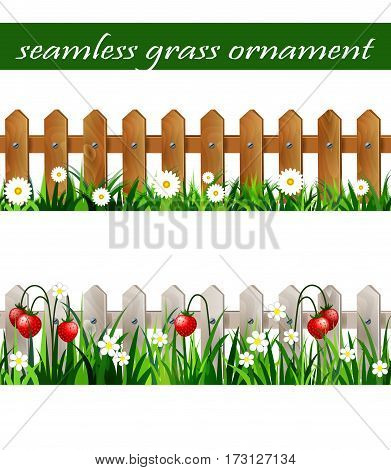 Green Grass set with strawberries on white wooden rustic fence and wooden fence with flowers borders seamless isolated clip art vector on white