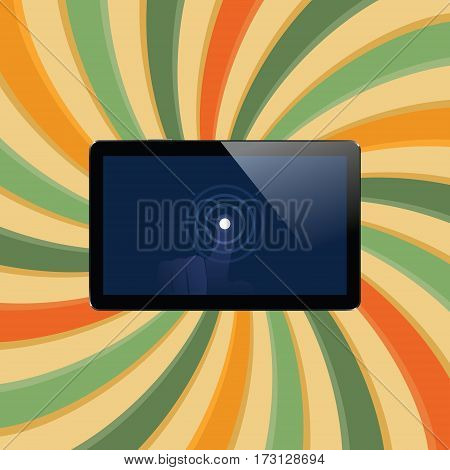 Digital tablet with shiny sensor screen with touch hand on abstract swirl colorful lines retro background. Electronic smart device. Mobile gadget. Vector illustration
