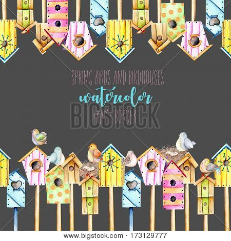 Card template, frame border with watercolor colorful birdhouses, cute birds and nests, hand drawn on a black background