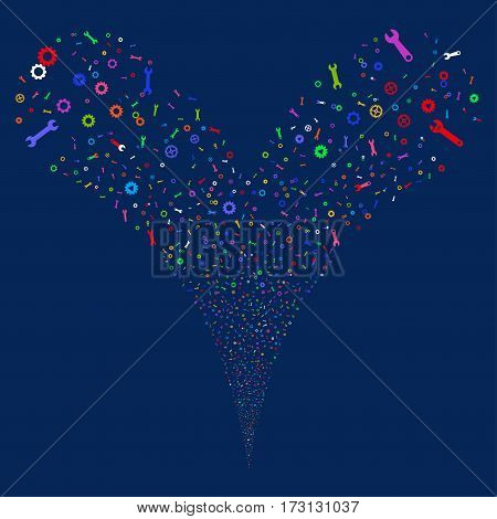 Setup Tools fireworks stream. Vector illustration style is flat bright multicolored iconic symbols on a blue background. Object double fountain created from random design elements.