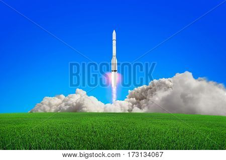 Rocket takes off into the sky. Explosion