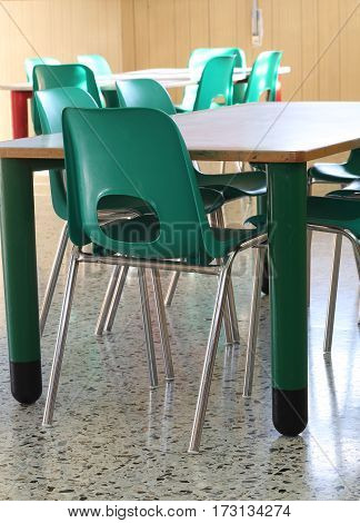Classroom Of A School With Green Chairs And Small Tables To Have