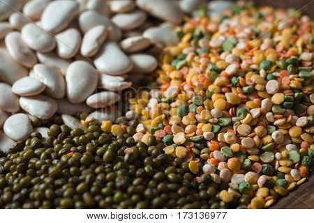 Placer green and white beans, lentils close up horizontal
