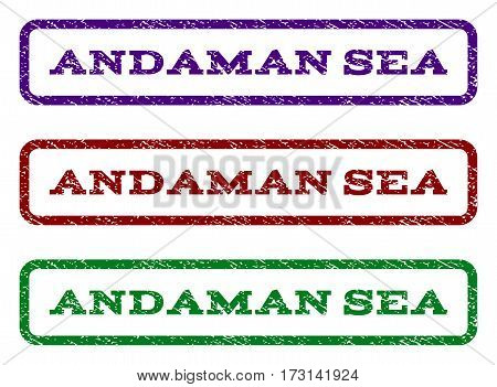 Andaman Sea watermark stamp. Text caption inside rounded rectangle with grunge design style. Vector variants are indigo blue red green ink colors. Rubber seal stamp with dust texture.