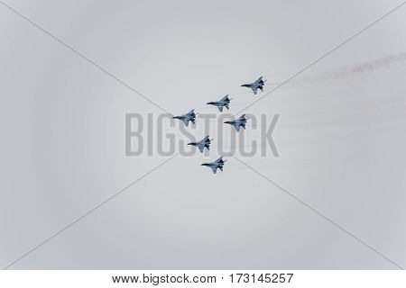 Air Show In The Sky Above The Krasnodar Airport Flight School. Airshow In Honor Of Defender Of The F