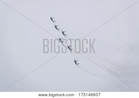 Air Show In The Sky Above The Krasnodar Airport Flight School. Airshow In Honor Of Defender Of The F