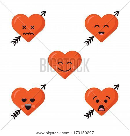 Set collection of different happy emoticons emoji red heart faces with arrow isolated on the white background. Happy faces.