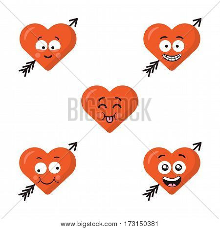 Collection of different cartoon emoticons emoji red heart faces with arrow isolated on the white background. Happy flat modern style faces.