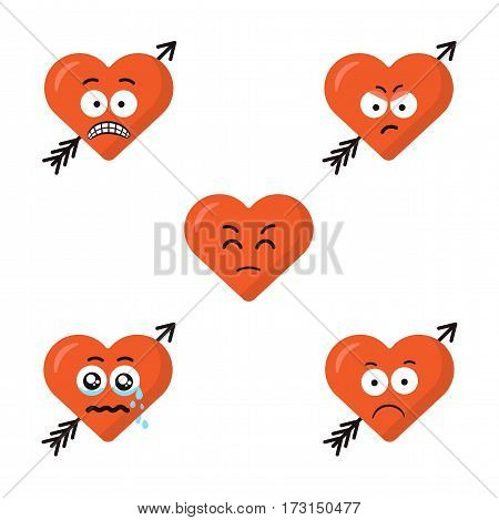 Collection of five different sad cartoon emoticons emoji red heart faces with arrow isolated on the white background. Sad flat modern style smiles.