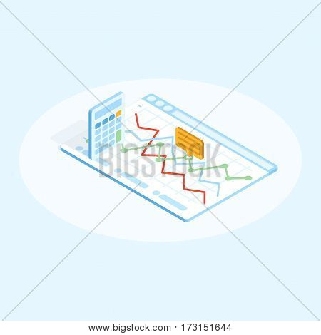 Isometric flat illustration of calculator and chart in browser with comment. Financial design concept