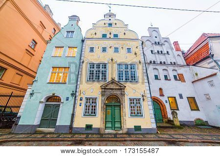RIGA LATVIA - 2ND JAN 2017: Three Brothers (Tris brali) in Riga. These buildings are some of the oldest in the city.
