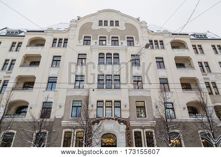 RIGA LATVIA - 3RD JAN 2017: Architecture along Elizabetes iela in central Riga showing the outside facades and details.