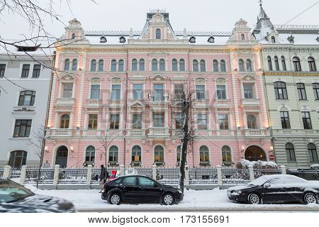 RIGA LATVIA - 3RD JAN 2017: Architecture along Elizabetes iela in central Riga showing the outside facades and details.