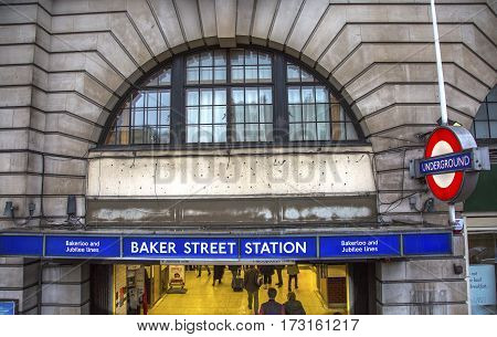LONDON, ENGLAND - JANUARY 15, 2017 Baker Street Metro Subway Station London England. Tube Metro station Baker Street home of fictionary character Sherlock Holmes favorite detective Sherlock Holmes created by Arthur Conan Doyle