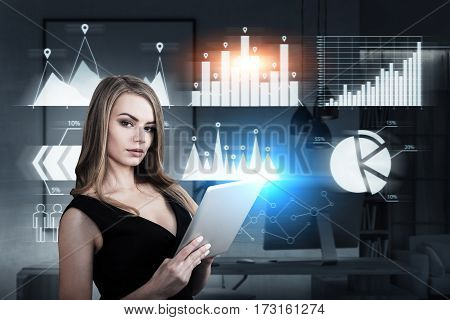 Portrait of a businesswoman with a tablet computer standing in an office with six graphs on a glassboard. Toned image.